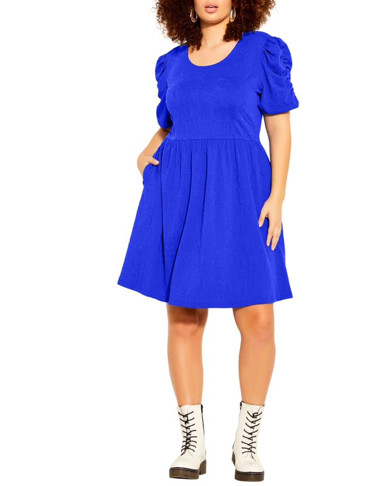 Front of a model wearing a size XS Claire Textured Dress in Cobalt by CCX. | dia_product_style_image_id:209920